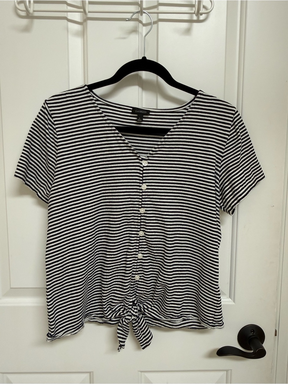 Talbots Black & White Striped Tie-Front Crop Top